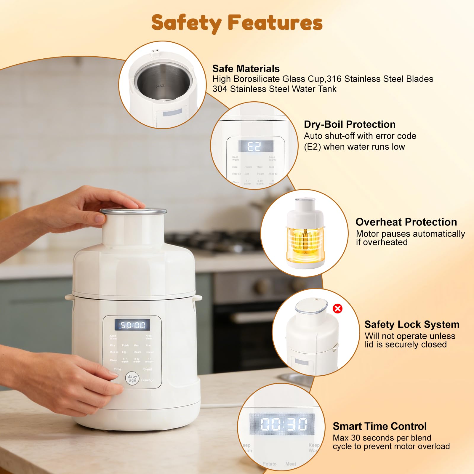Robot cuiseur mixeur bébé 500W — Tout-en-un : cuiseur vapeur, mixeur, chauffe-biberon — Purées pour tous âges — Écran tactile, programmes préréglés, auto-nettoyage — Acier inoxydable