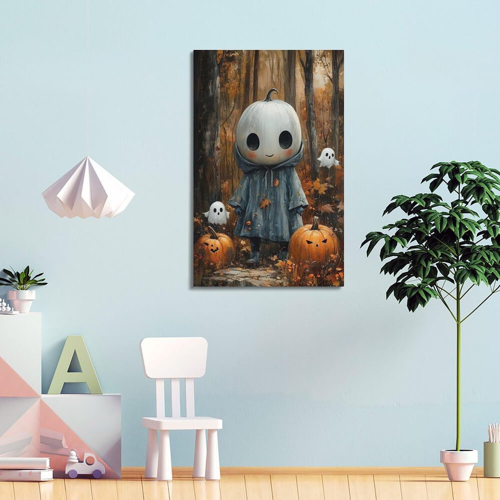 Poster su tela con stampa moderna per la casa, poster di Halloween, zucca, elfo della foresta, immagine carina e ha un senso del festival, decorazioni per Halloween, 50 x 75 cm, con cornice
