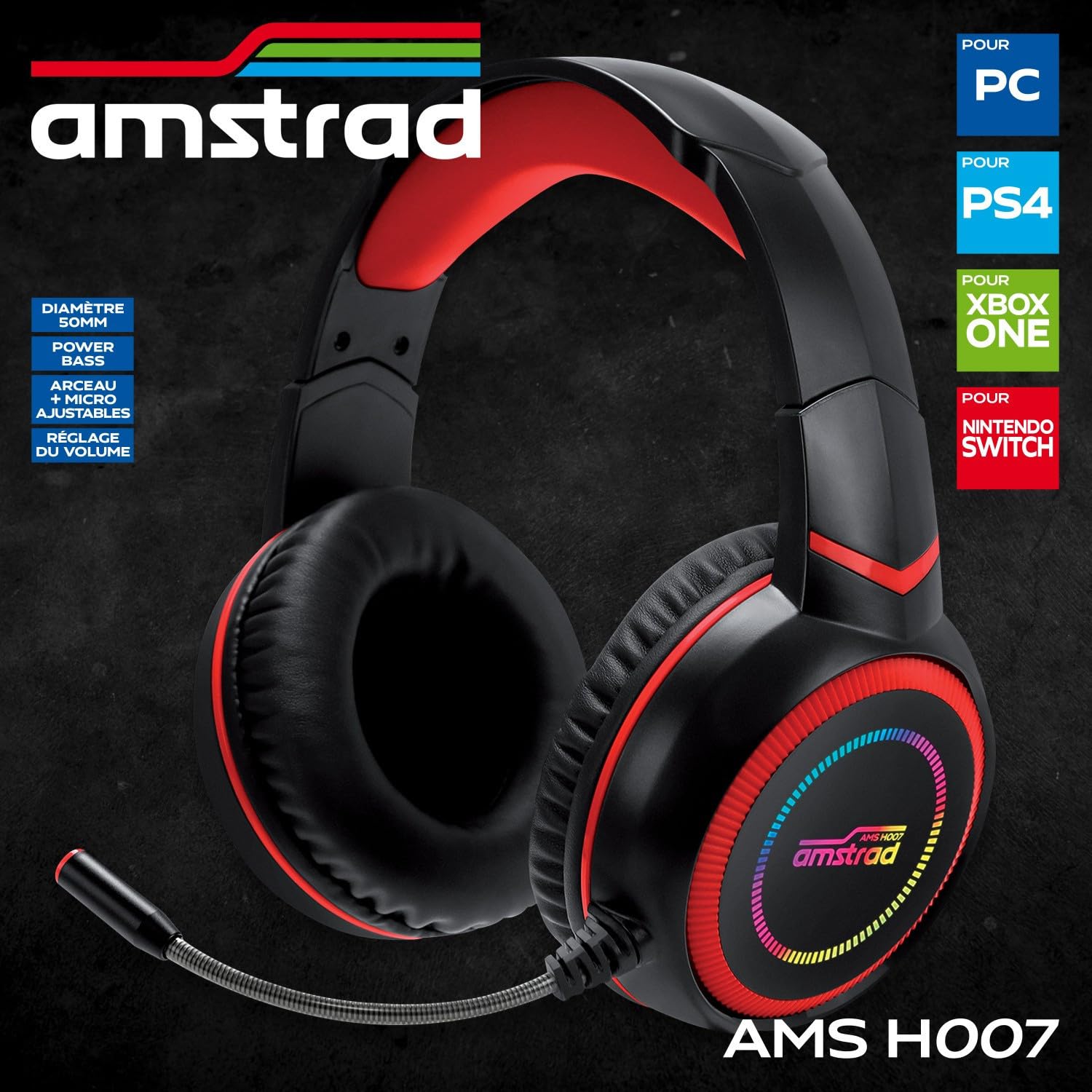 Pack Pro Gamer AMSTRAD Hunters 5 Piezas: Teclado, Ratón y Alfombra, Auriculares y Adaptador. Retroiluminación RGB. AZERTY & USB