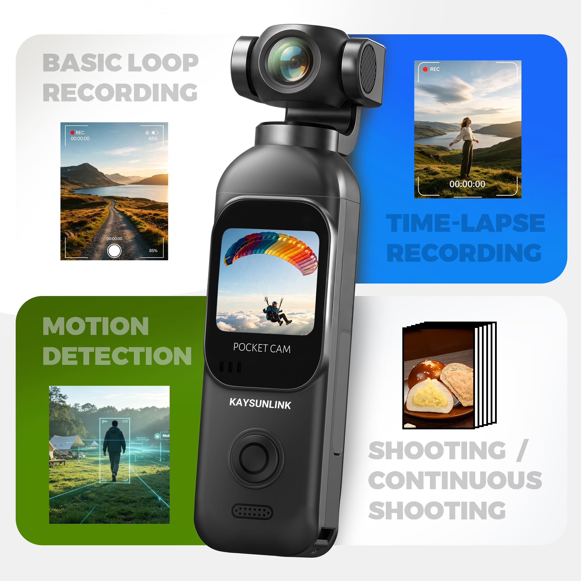 Kaysunlink Videocamera per Vlogging 1080P con obiettivo girevole a 270°, fotocamera tascabile POV palmare con touch screen e WiFi, 5 ore di alimentazione, videocamera di registrazione con un solo