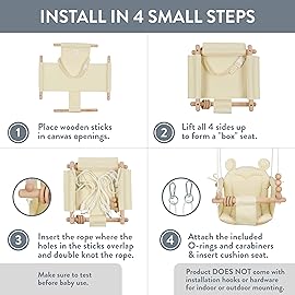 Monkey & Mouse Baby Swing, Pale Yellow Indoor Outdoor Portable Hanging Chair, Infant & Toddler Kids 6 Months - 4 Years, Cotton Canvas & Beech Wood Frame, Sensory Hammock Boy & Girl Seat w/Wooden Toys