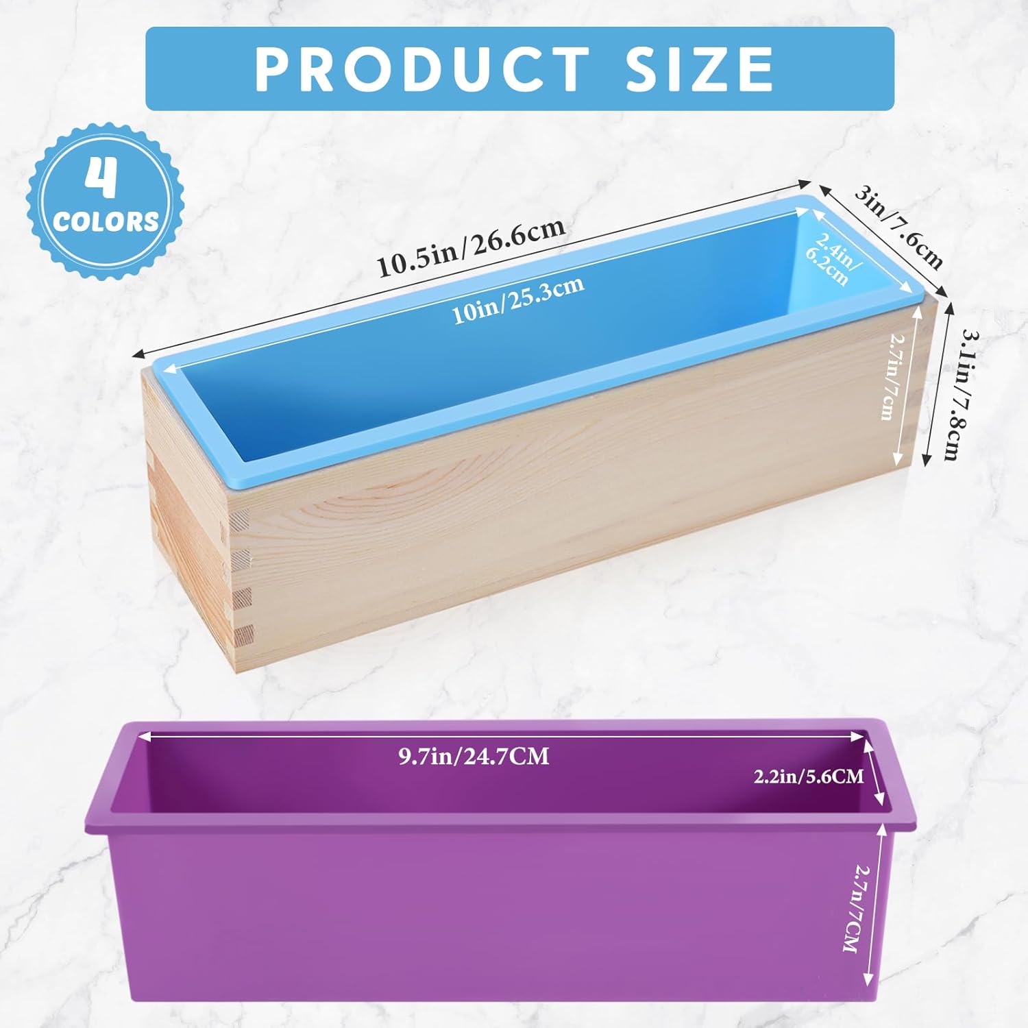 4 Pcs Flexible Rectangular Soap Mold Silicone Molds with Wood Box Soap Loaf Making Supplies DIY Tool for Making Craft(Purple, Green, Blue, Pink)