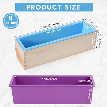 Ziliny 4 Pcs Flexible Rectangular Soap Mold Silicone Molds with Wood Box Soap Loaf Making Supplies DIY Tool for Making Craft(Purple, Green, Blue, Pink)