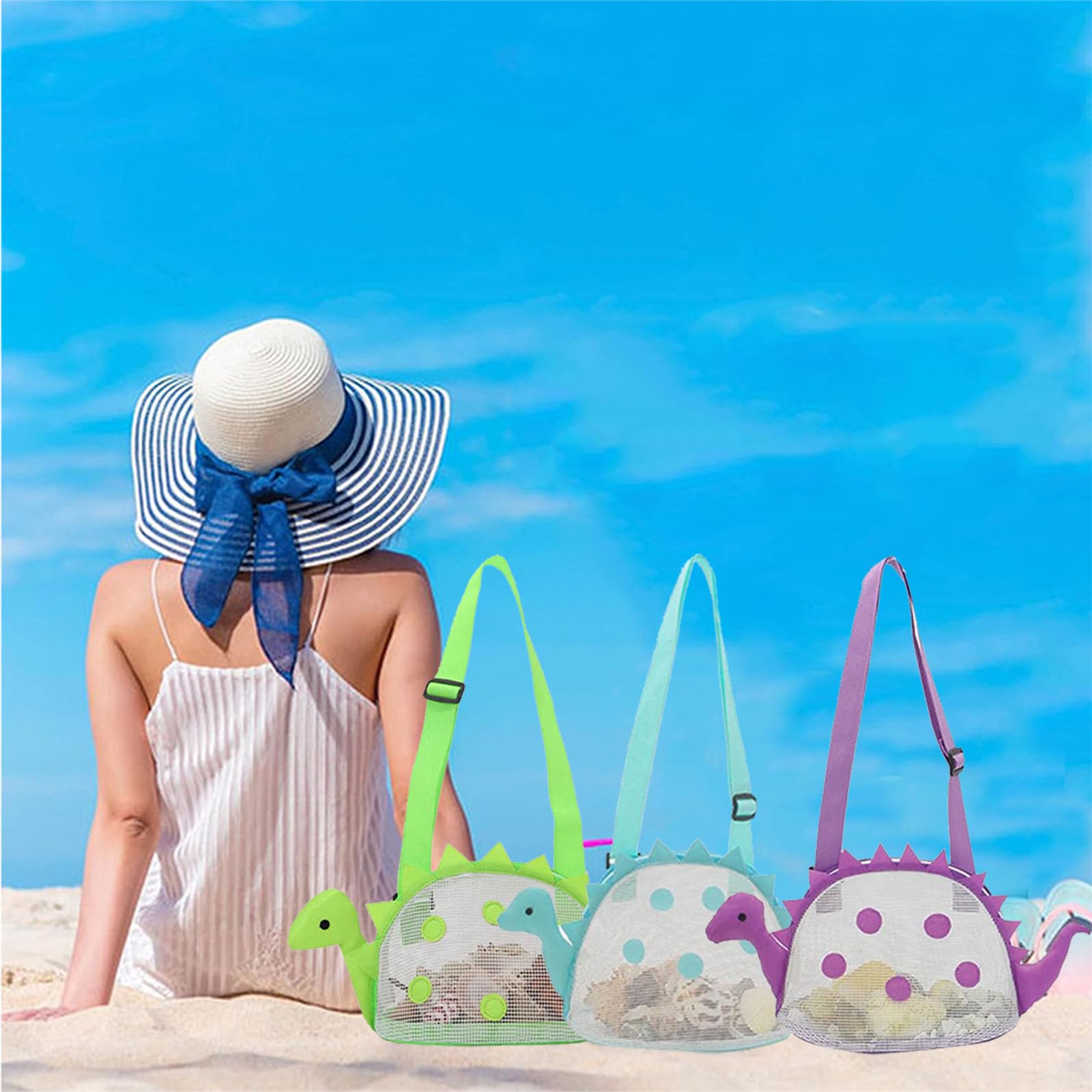 AUON Bolsa de playa de malla para niños, bolsa de conchas de dinosaurio, playa, arena, juguetes para sostener conchas, juguetes de playa, juguetes de arena, accesorios de natación para niños y niñas