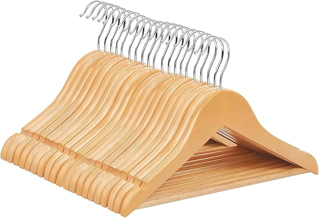 Coat Hangers,Set of 20 Natural Wood Wooden Coat Hangers with Round Trouser Bar and Shoulder Notches for Coat,Jacket,Suit,Dress,Trousers,Strong and Durable Wardrobe Space Saver