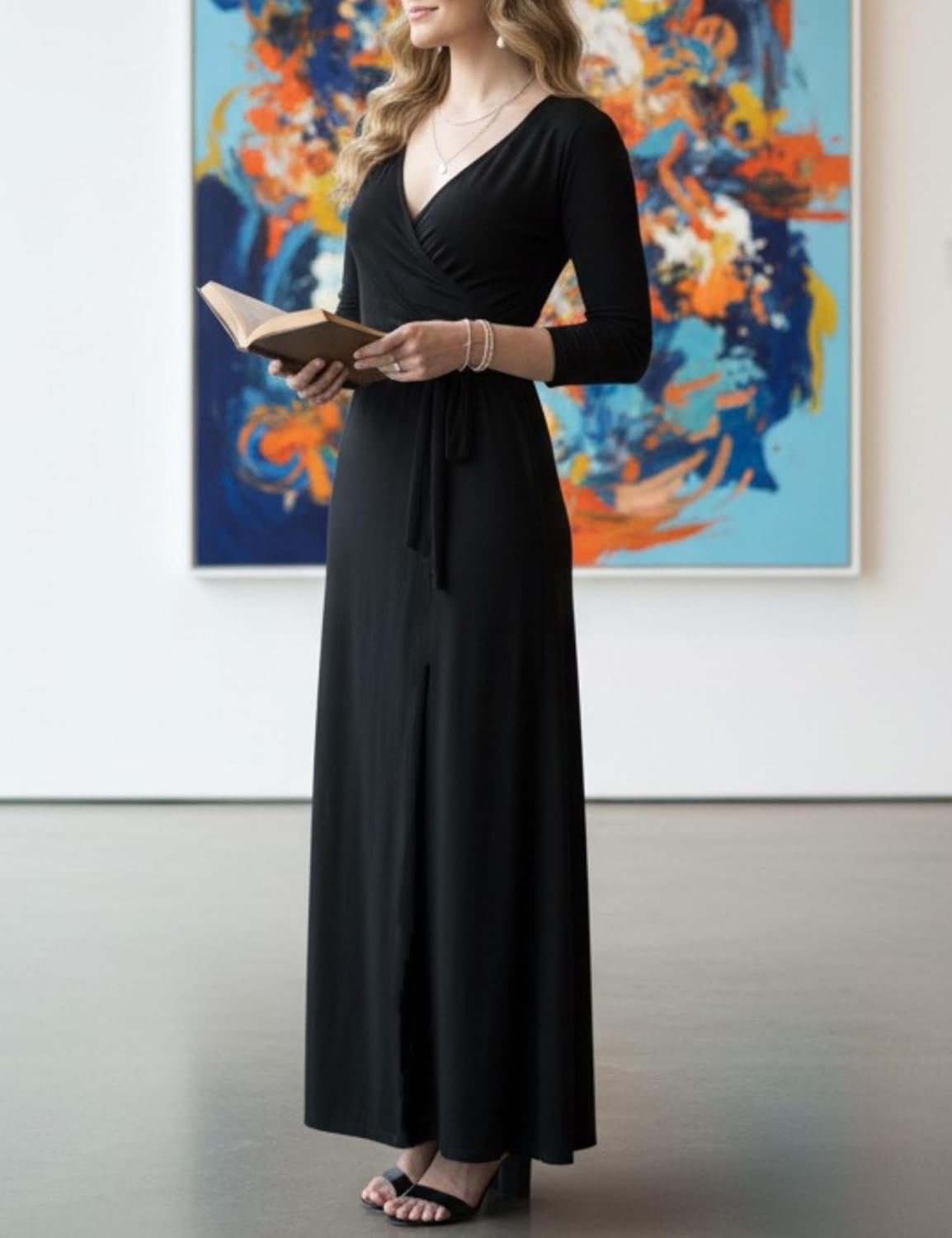 Aphratti Women's Maxi Dress with Sleeves - Faux Wrap Soft Stretchy Flowy Long Dress for Everyday Casual Outfits