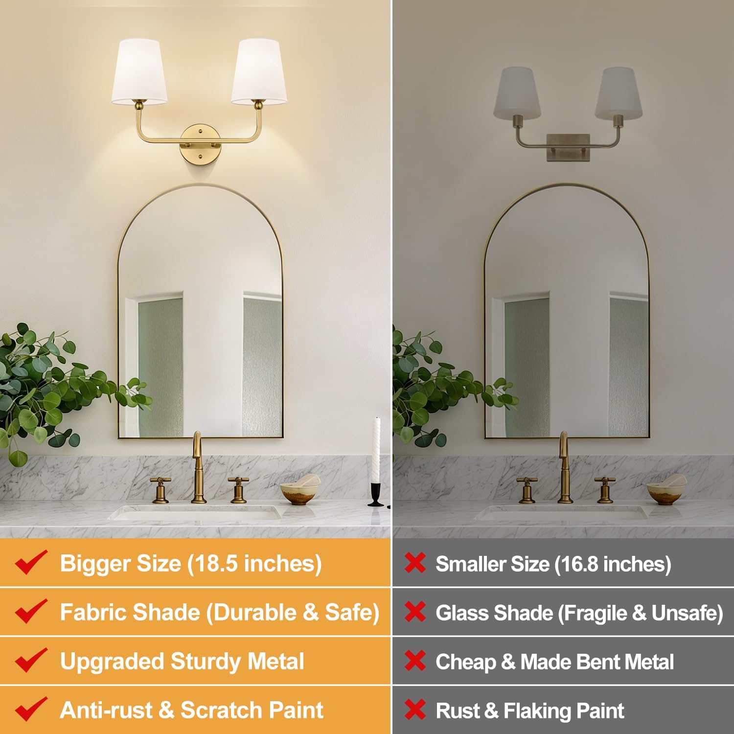 MOKATNG Bathroom Light Fixtures, 2-Light Brushed Gold Vanity Lights, Bathroom Lighting Fixtures Over Mirror with Flared White Fabric Shade, Modern Wall Sconces for Living Room Hallway