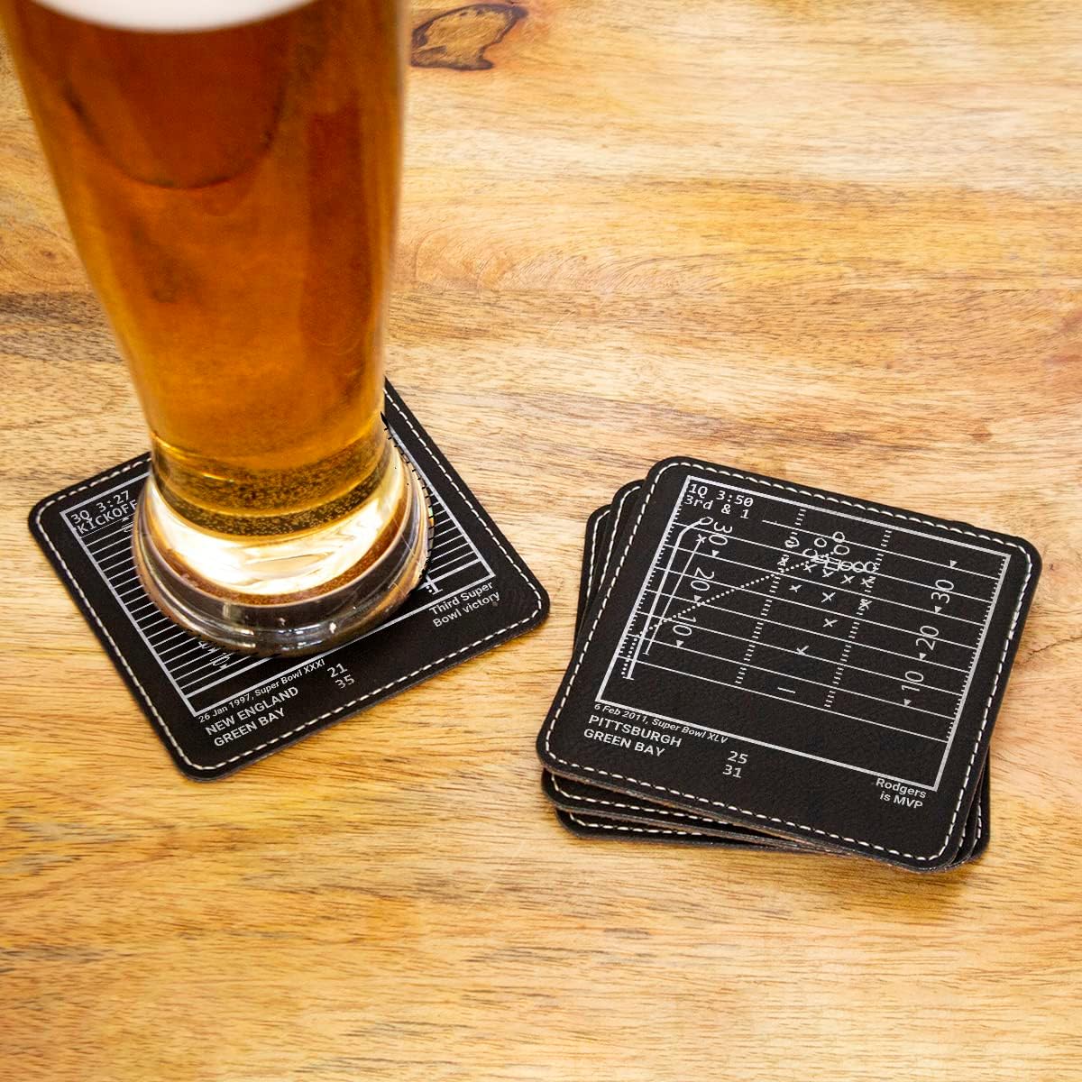 Greatest Packers Plays: Leatherette Coasters (Set of 4) | Iconic Green Bay Football Moments | Unique Gift for Sports Fans