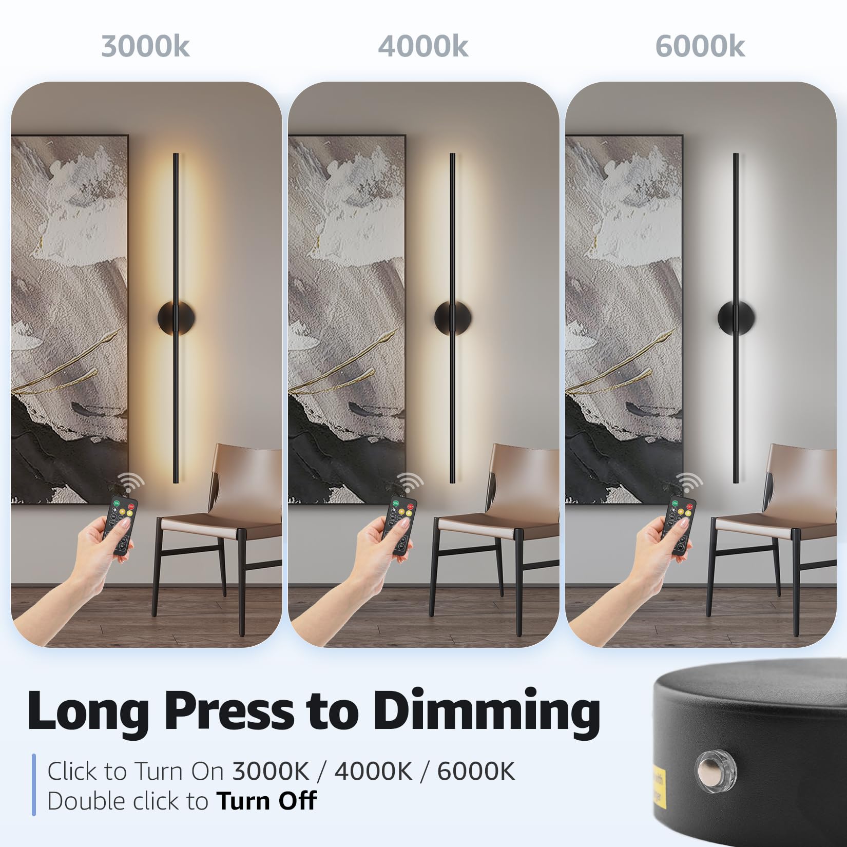 Klighten 2 Stück 6W LED Akku Kabellose Wandlampe Dimmbar und Timer Funktion, 100m Schwarz Wandleuchte Wiederaufladba mit Fernsteuerung, für Schlafzimmer Wohnzimmer Treppenhaus, 3000K/4000K/6000K