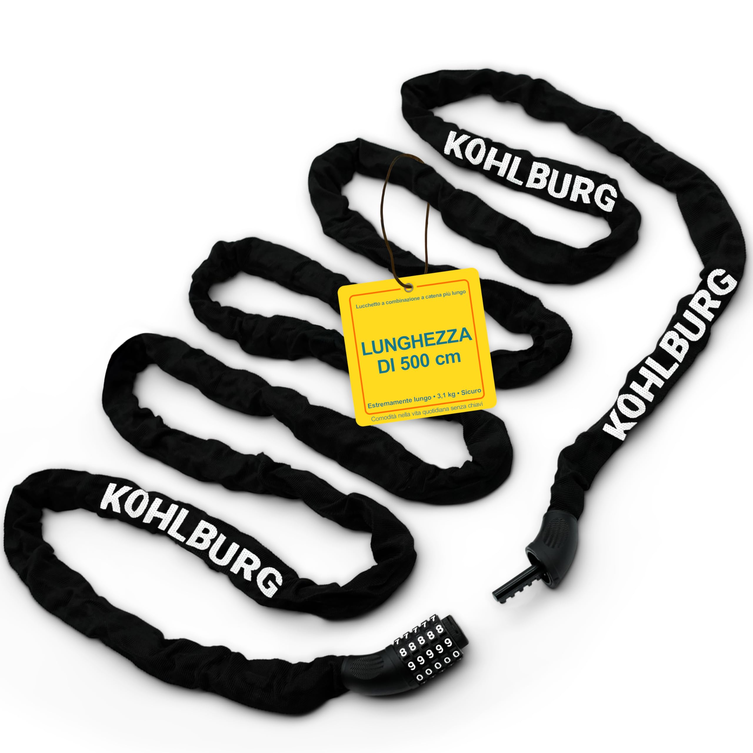 KOHLBURG Catena antifurto 5 m extra lunga con combinazione numerica, 500 cm & acciaio speciale 6 mm con a codice, lucchetto a combinazione 5 m per bici, e-bike, e‑scooter, mobili da giardino, barca