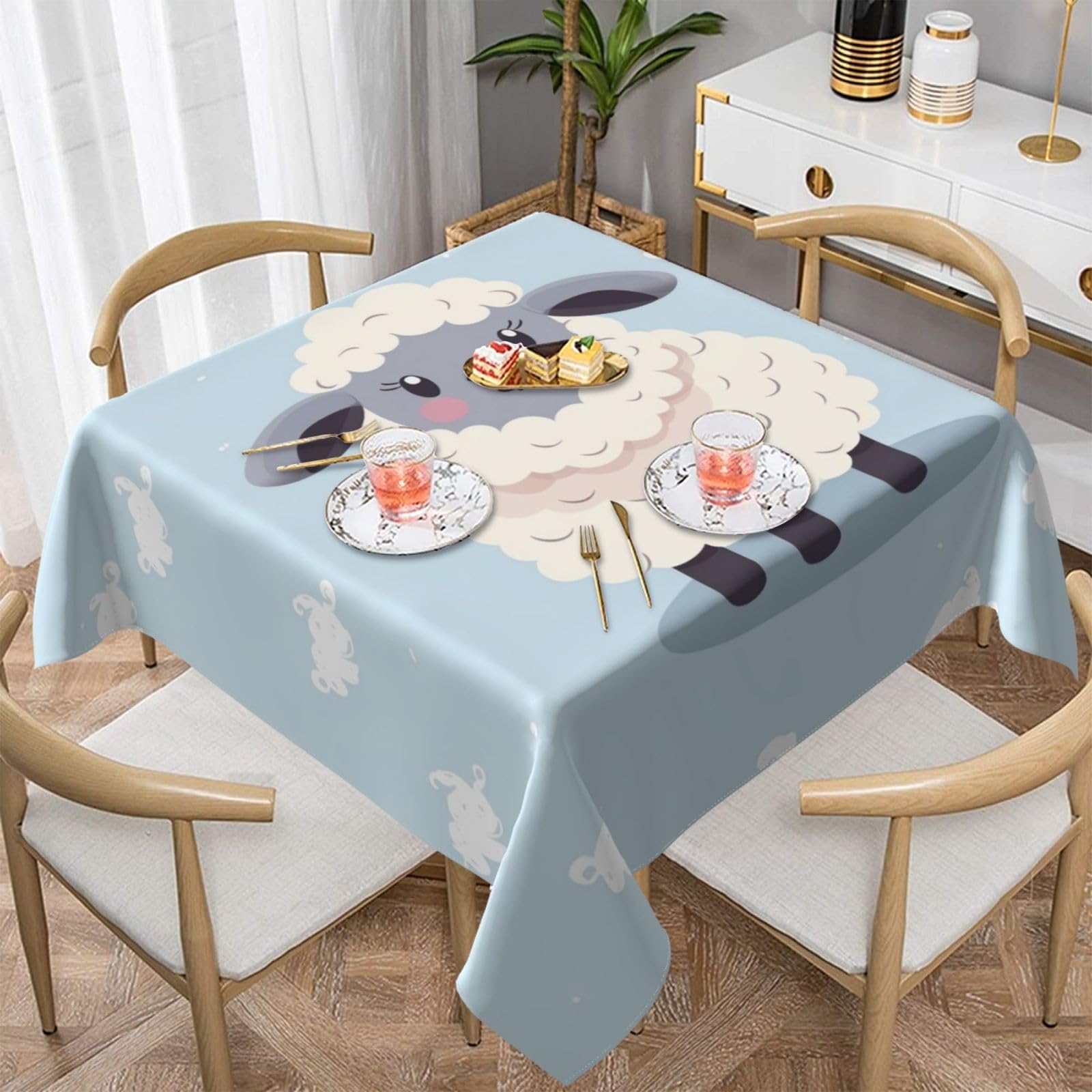 WPKJU Cute Cartoon Sheep Printed Square Tablecloth 60x60 inch Water Resistant Table Cover Washable Rectangle Table Cloth for Dining Tables