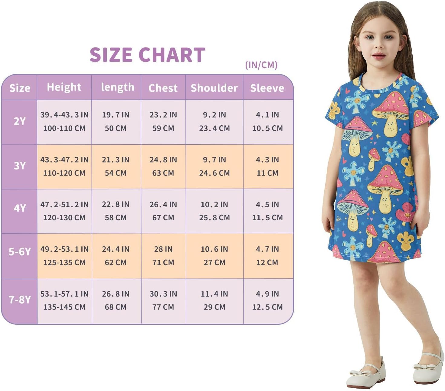 Mushroom Doodle Girls Dresses Summer Dresses for Girls with Cotton Short Sleeves for Casual a Line Dress Size 2-8Y