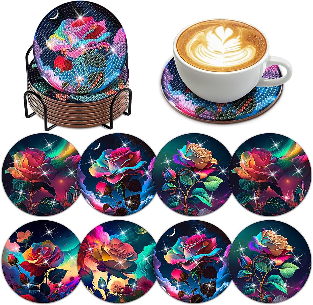 8 Pcs Rose Diamond Art Coaster with Holder DIY Painted Rose Diamond Art Coaster Non Slip Coaster for Adults Diamond Kits Supplies