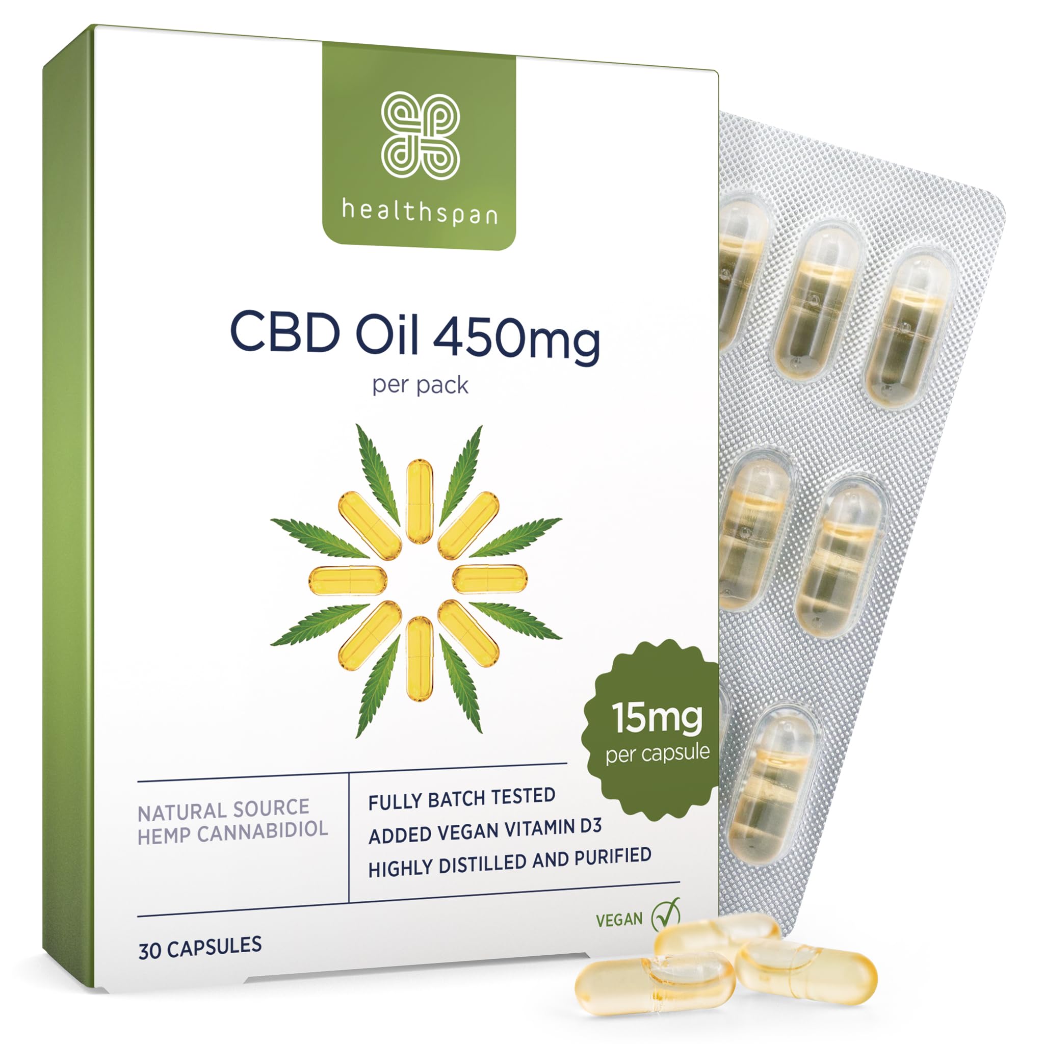 Healthspan CBD Oil Capsules 450mg | 15mg High Strength Pure CBD Oil Capsules | 450 mg CBD per Pack | Eriched with Vitamin D