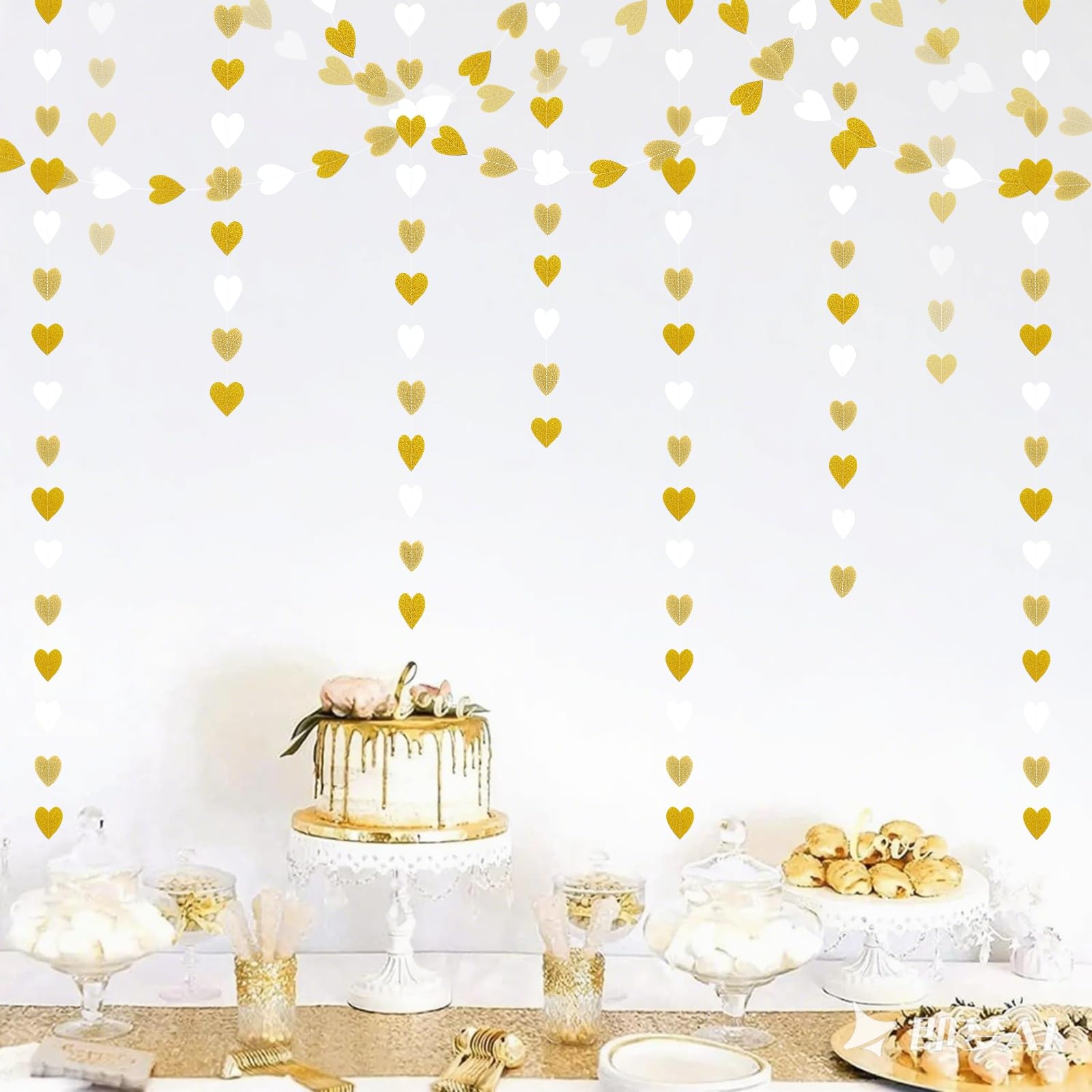 Decoraciones de fiesta de compromiso, decoración de fiesta de champán blanco y dorado, guirnalda de serpentinas de corazón, pancarta de papel colgante de 52 pies, pancarta de papel colgante