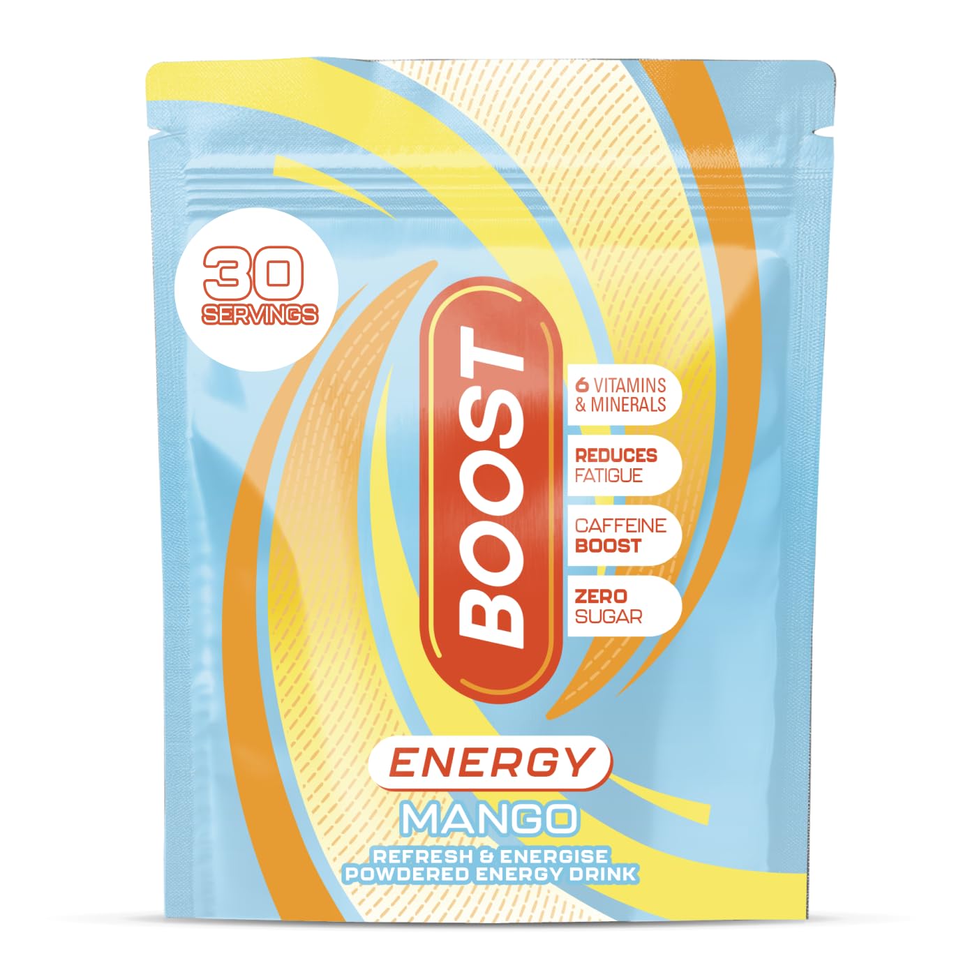 Boost Energy and Hydration Powder - Mango Flavour - 30x Serving Pouch - Sugar Free Caffeine Energy Drink Powder with Vitamins, Mineral & Zinc for Energised Hydration - Suitable for Vegans