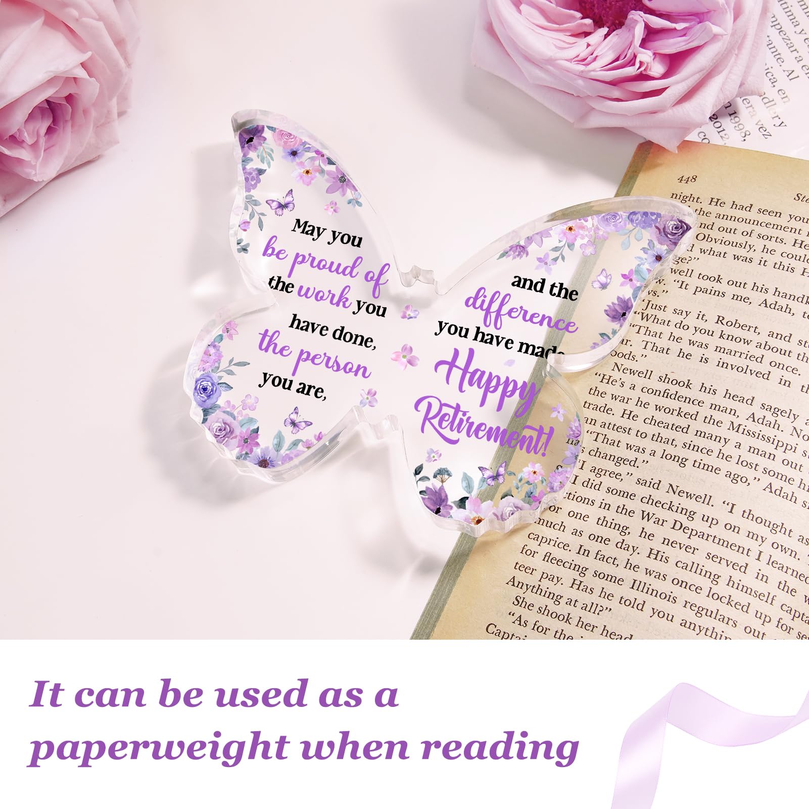 Unique Retirement Gift for Woman Men 2026, 5x3.8x0.5 Inch Purple Butterfly Acrylic Plaque Decor with Warm Words, Best Retirement Gifts for Coworker Teacher Friend Nurse Boss