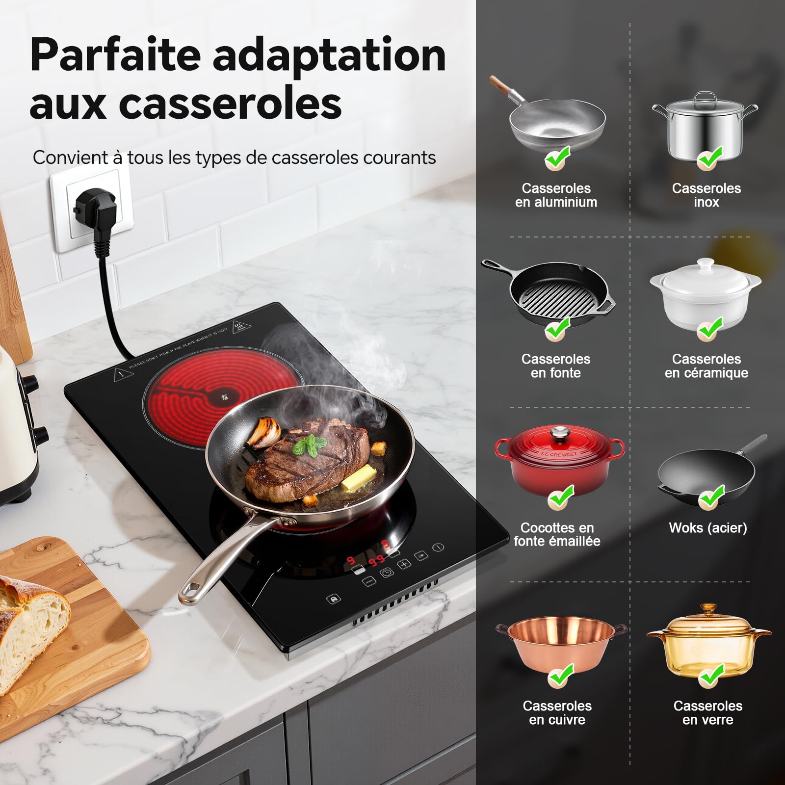 Plaque Vitrocéramique 2 Feux 30cm Encastrable Commande Tactile 3000W 9 Niveaux de Puissance