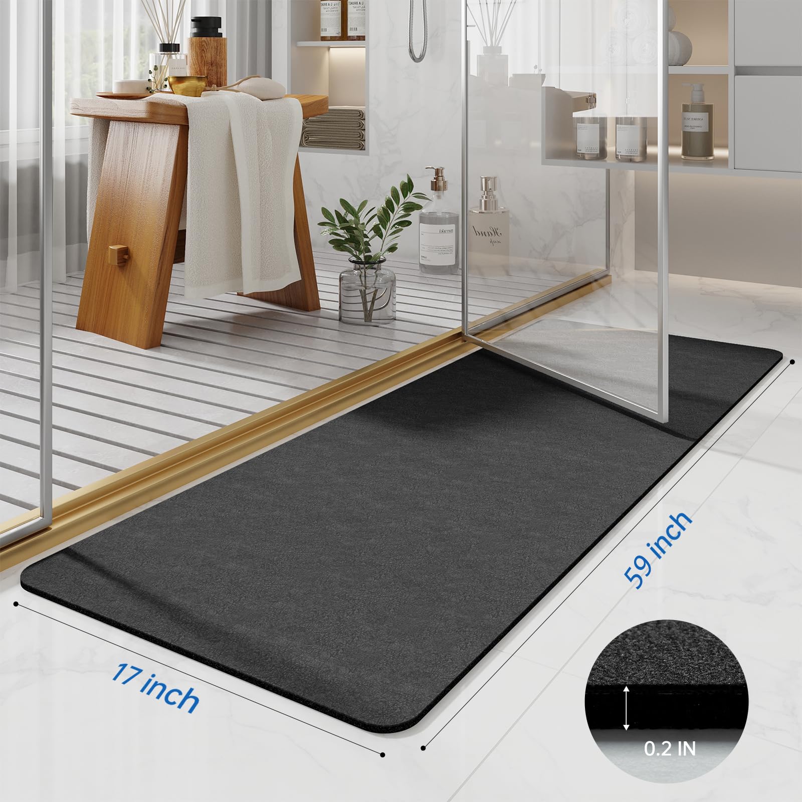 Alfombra de baño larga gris oscuro de 59 x 17 pulgadas, de tierra de diatomeas, alfombra de baño grande de secado rápido, antideslizante con parte trasera de goma, alfombra de ducha súper absorbente,