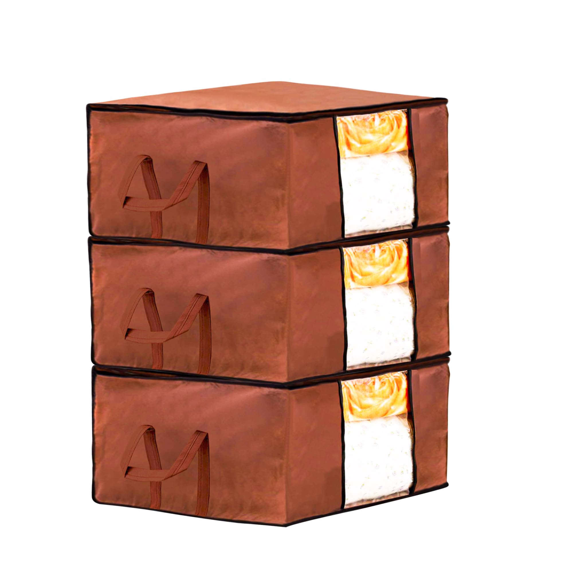 Kuber Industries Polyester Underbed Storage Bag|Blanket Cover|Wardrobe Organizer For Clothes|Comforter Cover|Underbed Storage Bag,Storage Organiser,Blanket Cover Set Of 3-Dark Brown,Extra Large Size