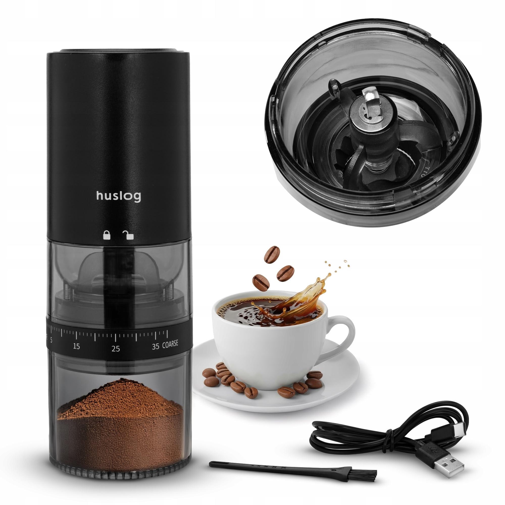 Macinacaffè elettrico senza fili, 30 W, macina conica in ceramica, USB-C, batteria da 2000 mAh, grado di macinazione regolabile, contenitore per fagioli da 25 g, nero