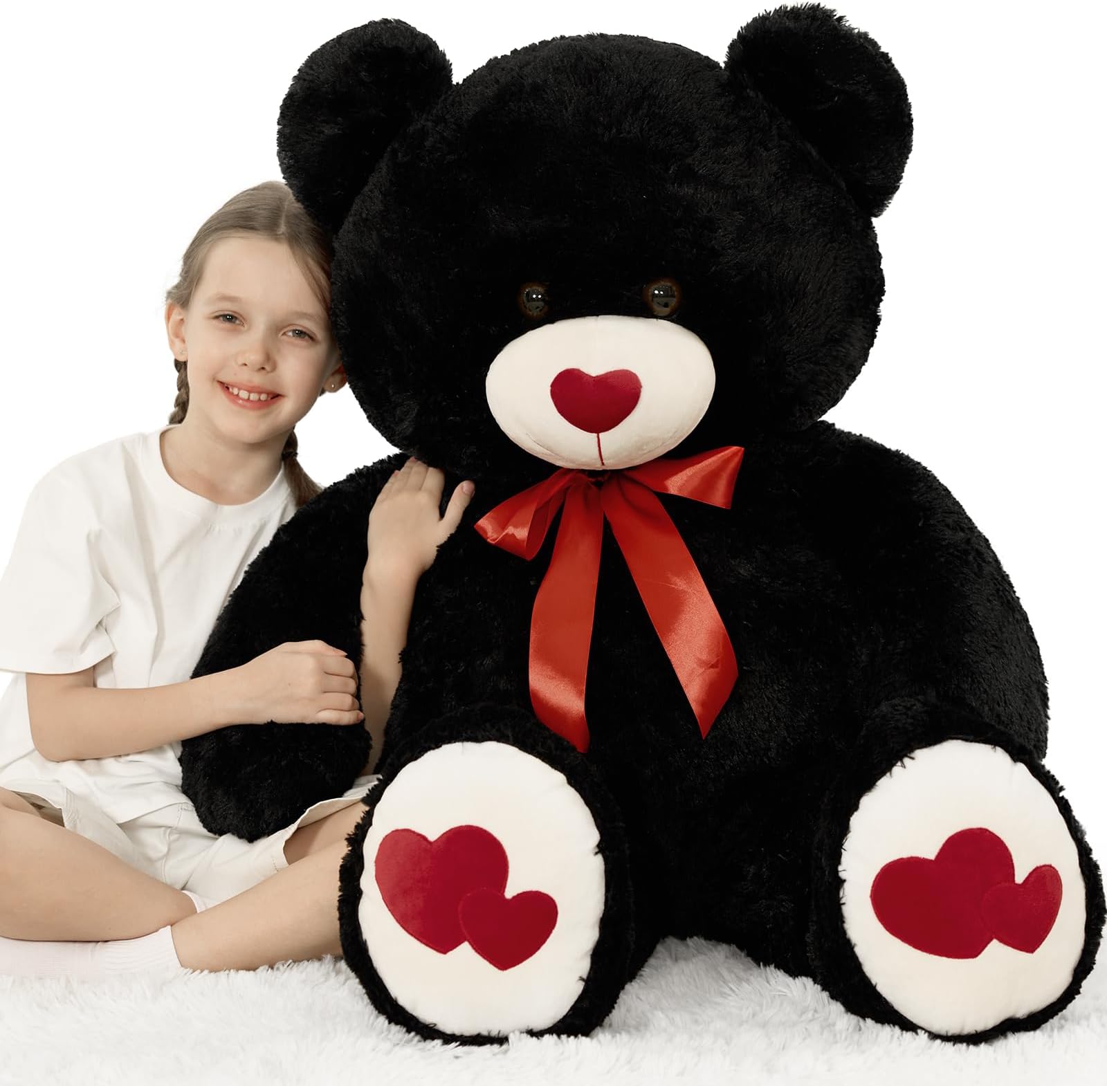 Giant Black Teddy Bear Plush 47",Big Bear Stuffed Animal with Heart Footprints and Heart Nose,4ft Large Valentines Teddy Bear for Girlfriend,Wife,Lover-Anniversary, Birthday,Long Distance