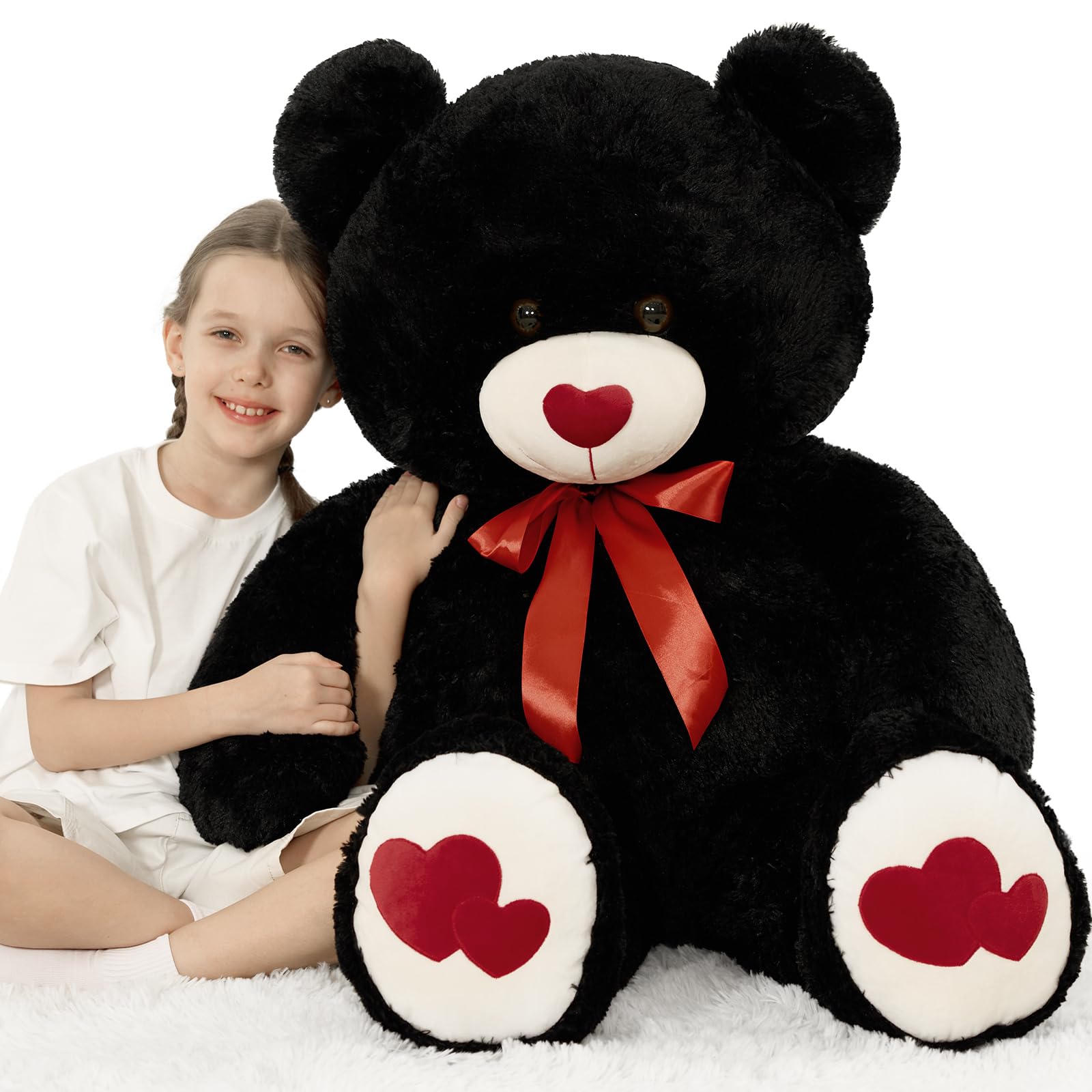 MaoGoLan Giant Black Teddy Bear Plush 47",Big Bear Stuffed Animal with Heart Footprints and Heart Nose,4ft Large Valentines Teddy Bear for Girlfriend,Wife,Lover-Anniversary, Birthday,Long Distance