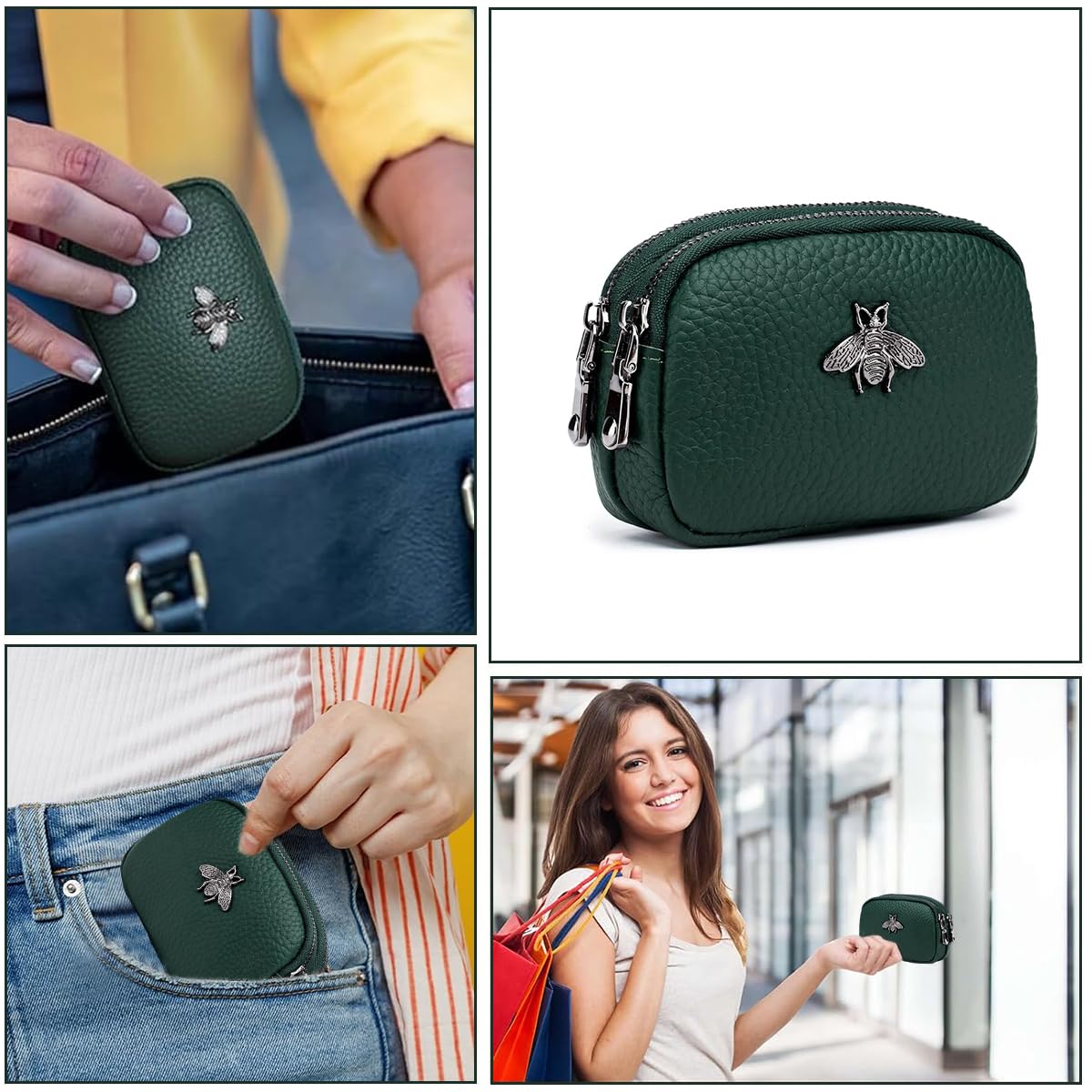PALAY Coin Pouch Small Green PU Double Layer Zipper Purse 11x4x8cm 4
