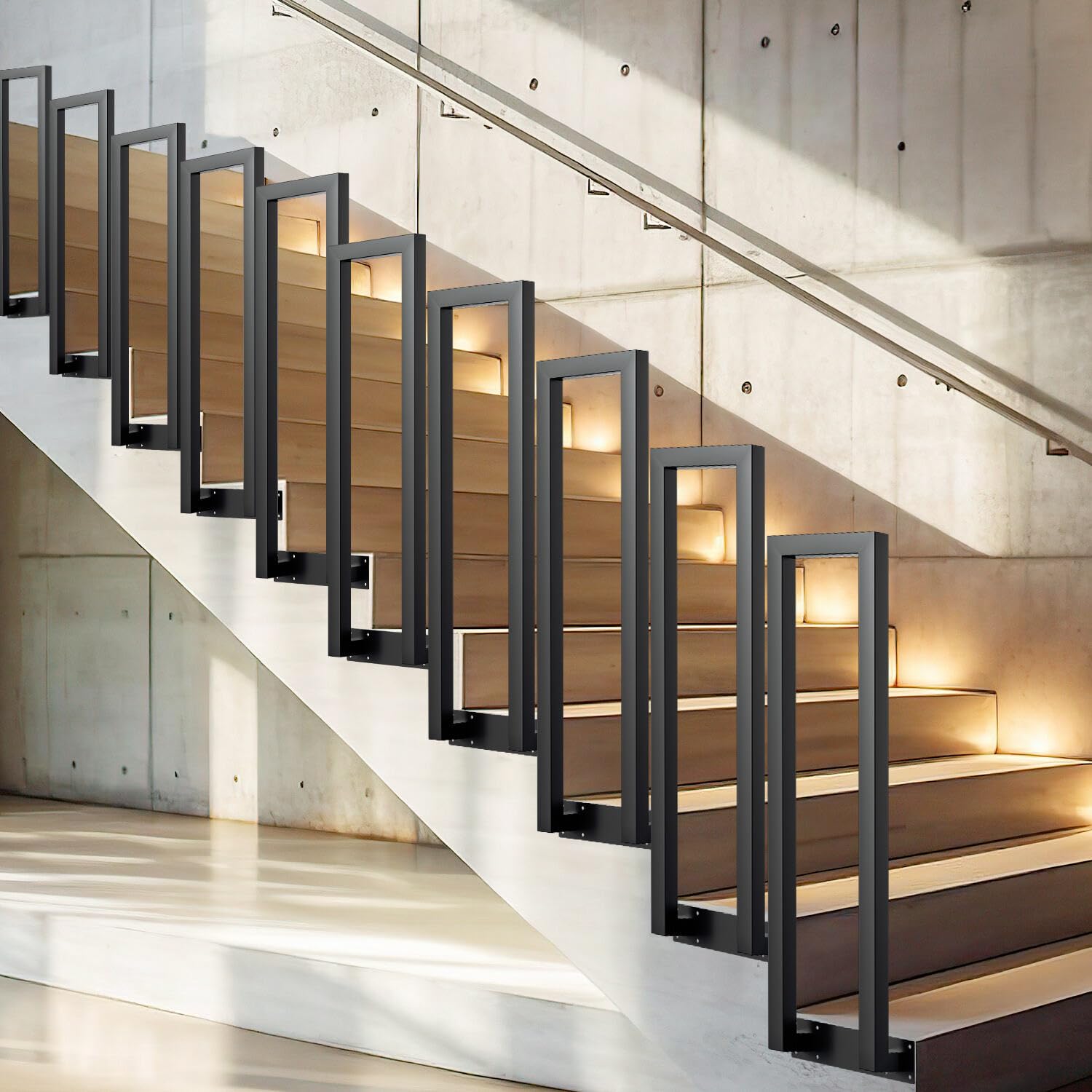 Barandilla para escaleras, interior y exterior, 85 cm, en forma de U, negro, pasamanos de metal, para villas, balcones, pasillos, apartamentos, ancho 20 cm, montaje lateral