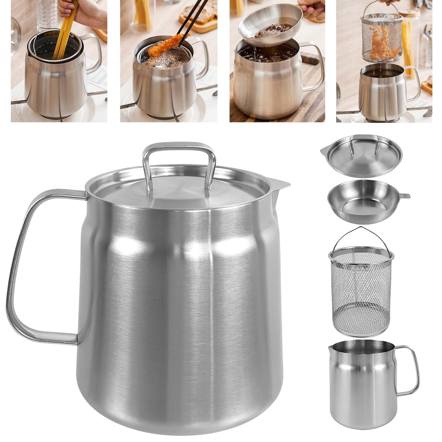 Olla de filtro de aceite de acero inoxidable, recipiente de filtro de aceite versátil de gran capacidad de acero inoxidable 304, recipiente de grasa de tocino de acero inoxidable resistente, tanque de