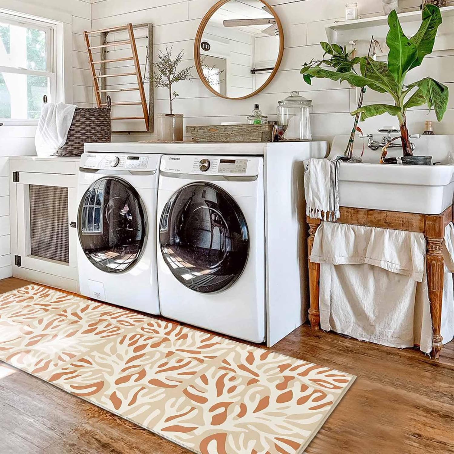 Kitchen Mats for Floor Abstract Ocean Gradient Coral Washable Non Slip Kitchen Rugs 2PCS, Simple Color Block Absorbent Standing Mats for Sink Bathroom Office Living Room 15.7x23.6in+15.7x47.2in