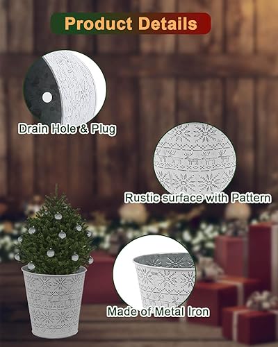 Miniatura 3 de Cubos de metal galvanizado blanco de Navidad, 6 macetas rústicas de hojalata con orificio de drenaje y enchufe, regalo de Navidad, maceta vintage