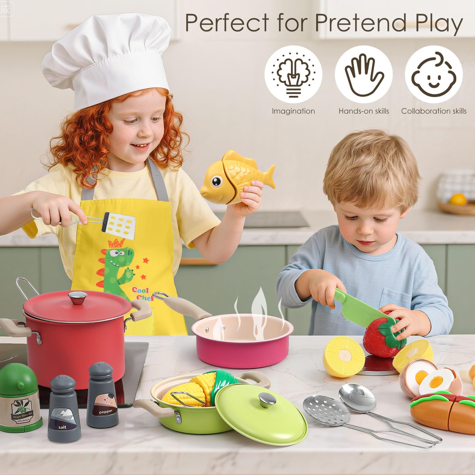 Tacobear Kinderküche Zubehör Kochset Topf Pfanne Edelstahl Kochgeschirr Set mit Obst Lebensmittel Schürze Spielküche Küchenzubehör Rollenspiel Spielzeug ab 3 Jahre Mädchen Junge Geschenk