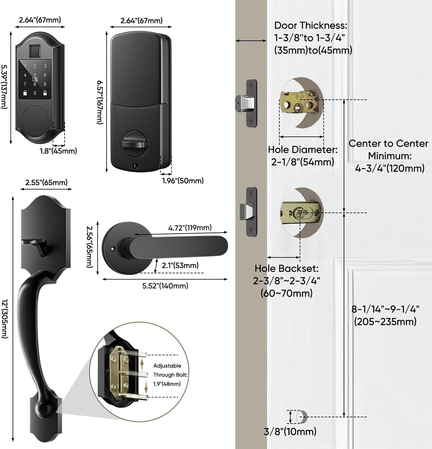 Smart Front Door Lock with Fingerprints, 2 Keys  4 Cards, Front Door Lock Set Keyless Entry, Smart Locks for Front Door, Keypad Deadbolt with Handle, APP Control, Auto Lock, Matte Black