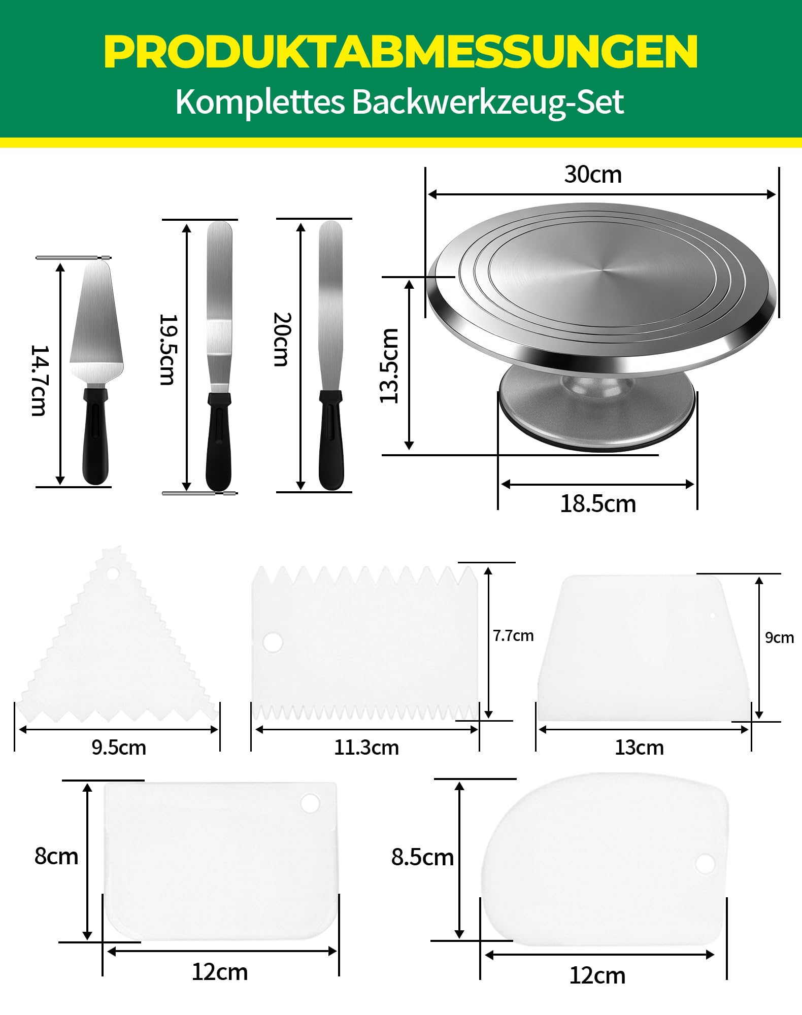 LAOYE Drehbarer Tortenteller Aluminiumlegierung Torten Drehteller 30 cm Kuchen Drehteller Tortenplatte Drehbar Set Inkl. 5 Teigschaber und 3 Streichpaletten für Kuchen Backen ,Tortendekoration