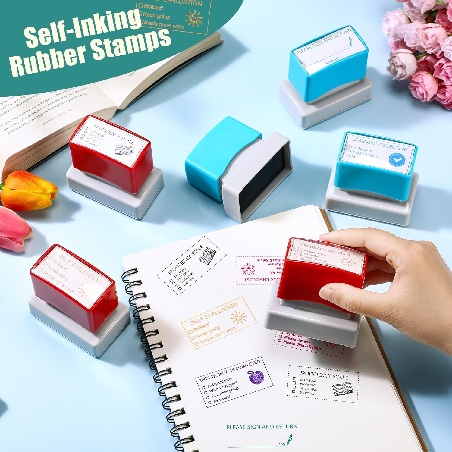 Crtiin 6 Pcs Teacher Stamps for Grading Self Inking Behavior Stamps for Education Homework Teacher Grading Supplies