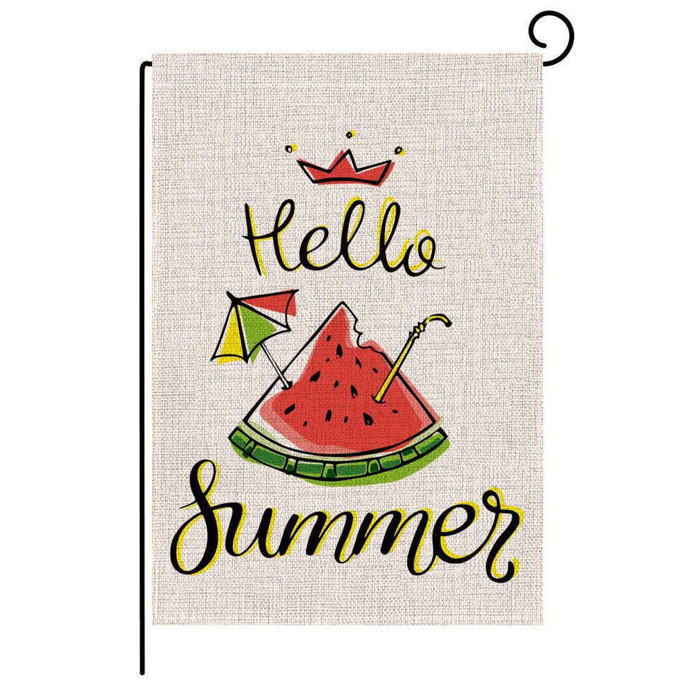 BoomTeckHello Summer Garden Flag Funny Watermelon Pattern Burlap Samll Yard Flag Banner 12.5X 18.5 Inch Double Sided Lawn Flag Indoor Outdoor Party Home Decoration