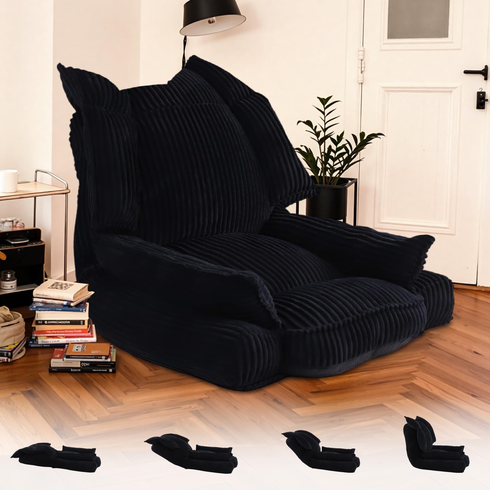 Bodenstuhl mit Rückenlehne, 5-Fach Verstellbarer Relaxsessel & Liege, Faltbarer Gaming-Stuhl mit weichem Sitzpolster, bequemer Lesesessel für Wohnzimmer & Schlafzimmer