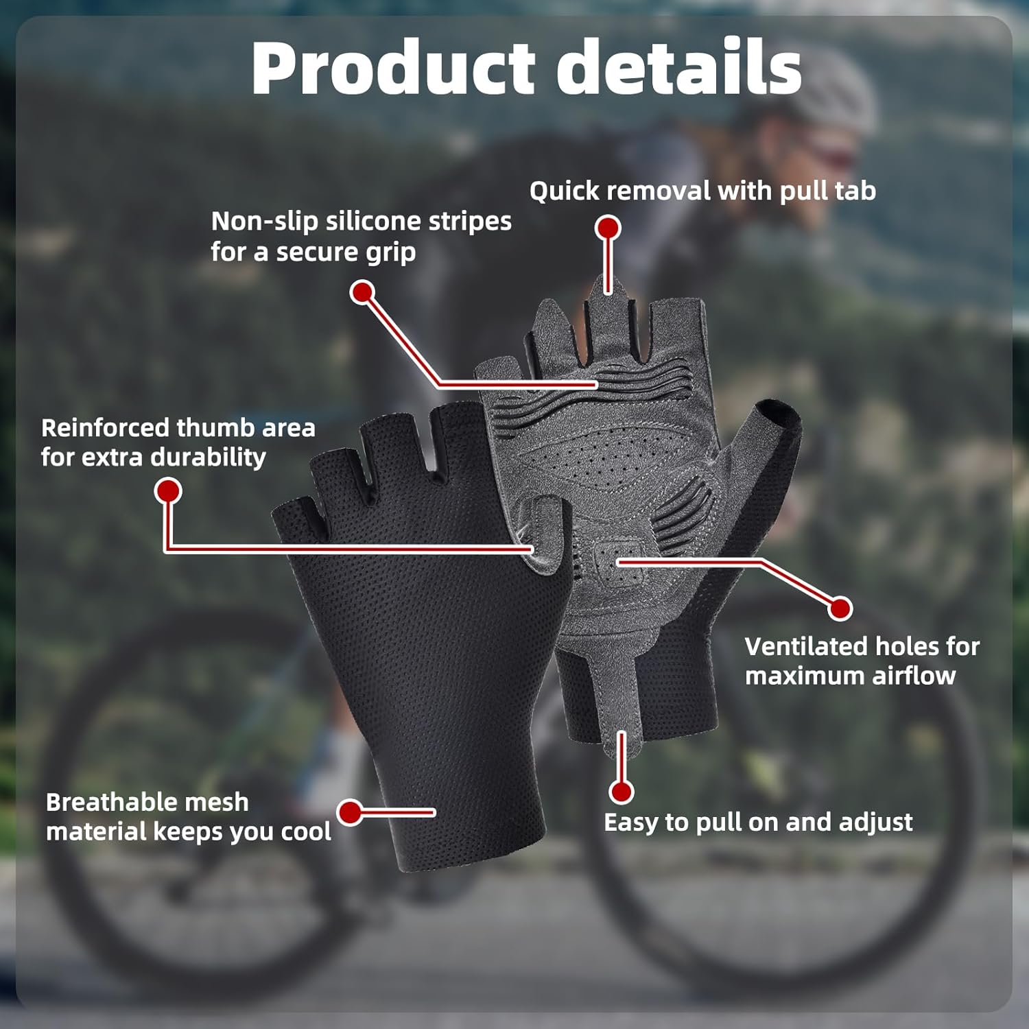 Cycling Gloves Half Finger - Breathable & Lightweight Bike Gloves for Men & Women, Anti-Slip for Mountain Biking, Running, Gym, Outdoor Sports, Black - Image 3