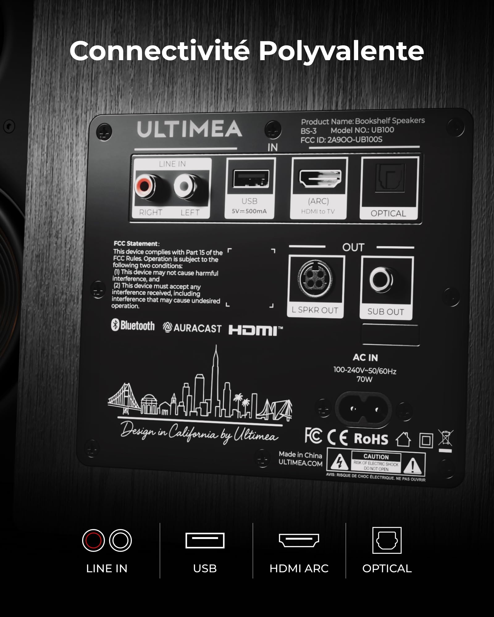 ULTIMEA Enceintes Bibliothèque Actives 3 Voies avec Woofer 5,25'', 70W RMS, App, Edge Horn & BassMX, Sortie SUB & HDMI Arc pour Home Cinéma, PC, Bluetooth 6.0, Auracast, Design sans Grille, BS-3