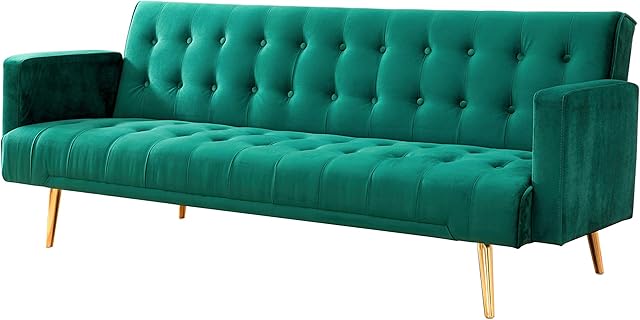 Home Detail Velvet Three Seater Sofa Bed in Grey Pink Blue or Green with Contrast Golden or Rose Gold Finish Legs (Green with Golden Legs)