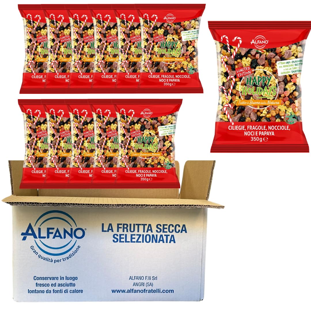 Alfano dal 1940 Misto Happy Holiday 350g Frutta Secca Nocciole, Noci, Ciliegie Disidratate, Fragole Disidratate e Papaya Disidratata (12 Pezzi)