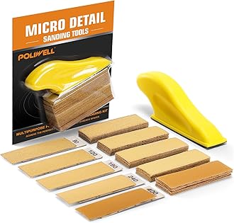 POLIWELL Micro Sander Kit 3.5” x 1” Mini Sander for Small Projects, Detail Handle Sanding Tools + Sandpaper 80 120 180 240 400 Grit for DIY Crafts Wood Finishing Tight Narrow Spaces Polishing, 50 PCS