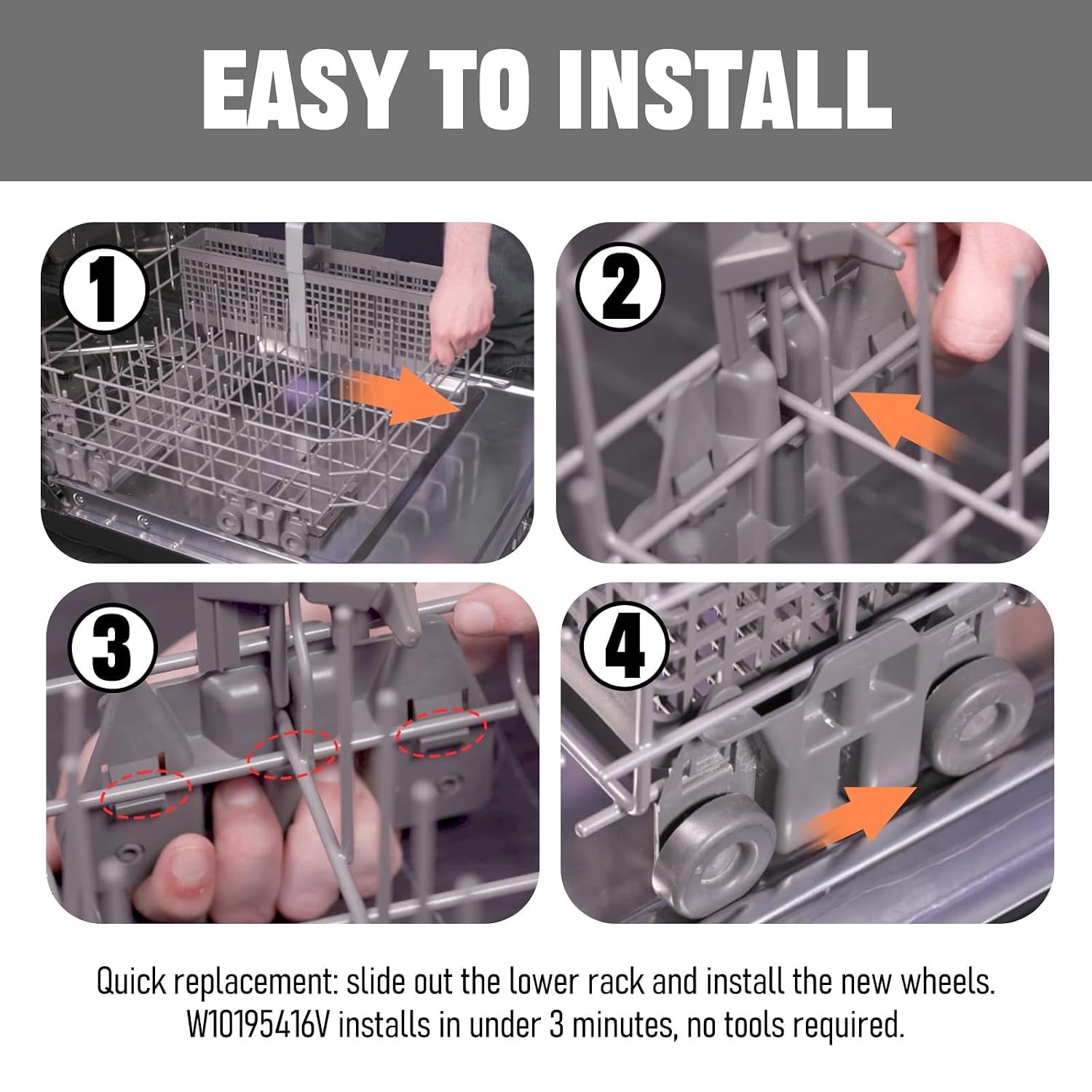W10195416V W10195416 Dishwasher Wheels Lower Rack (Pack of 4), Compatible for KitchenAid Whirlpool Maytag Dishwasher Rack Parts W10195420 W10579095A,304 Stainless Steel Core with Rivet‑Reinforced
