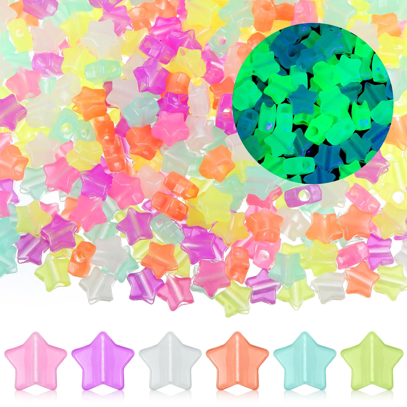 Kenning 500 cuentas de poni de estrella de 13 mm que brillan en la oscuridad, estrella de plástico con agujero grande, suministros para hacer trenzas de pelo, collares, pulseras, manualidades