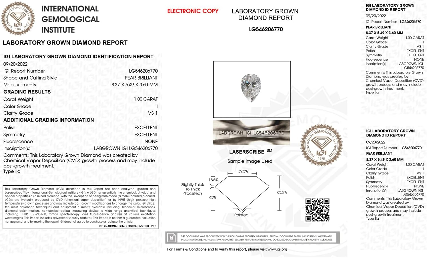 IGI Certified Laser Inscribed Loose Pear Brillant Cut Lab Grown Diamond (1.00ct, VS-SI G-H) For Engagement Ring, Pendant, Necklace, Earring