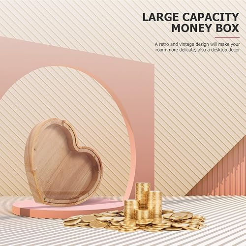 Miniatura 6 de STOBOK Alcancía de madera, caja de dinero irrompible con forma de corazón, caja de ahorro de dinero para niños y niñas, cumpleaños, decoración del