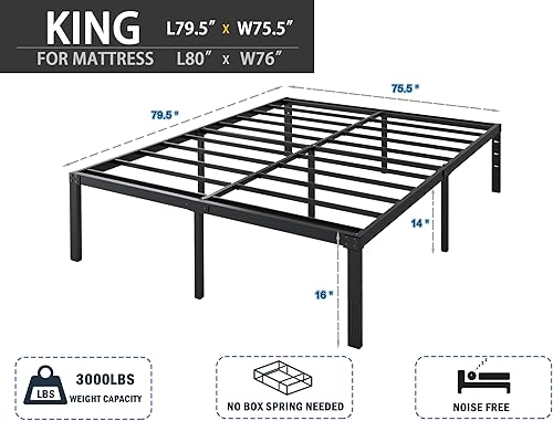 Miniatura 7 de Base de cama de plataforma metálica estándar de 16 pulgadas, 3,000 libras, base de colchón de listones de acero resistente de fácil montaje, sin