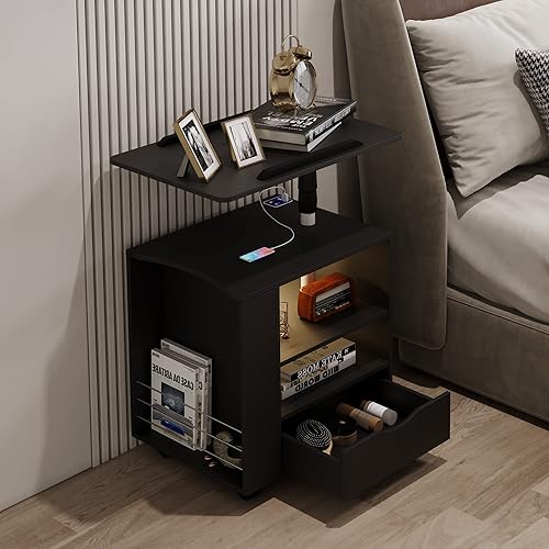 Miniatura 2 de dnbss Juego de 2 mesitas de noche LED, mesa de noche moderna, mesita de noche inteligente con estación de carga USB, cajón de almacenamiento,