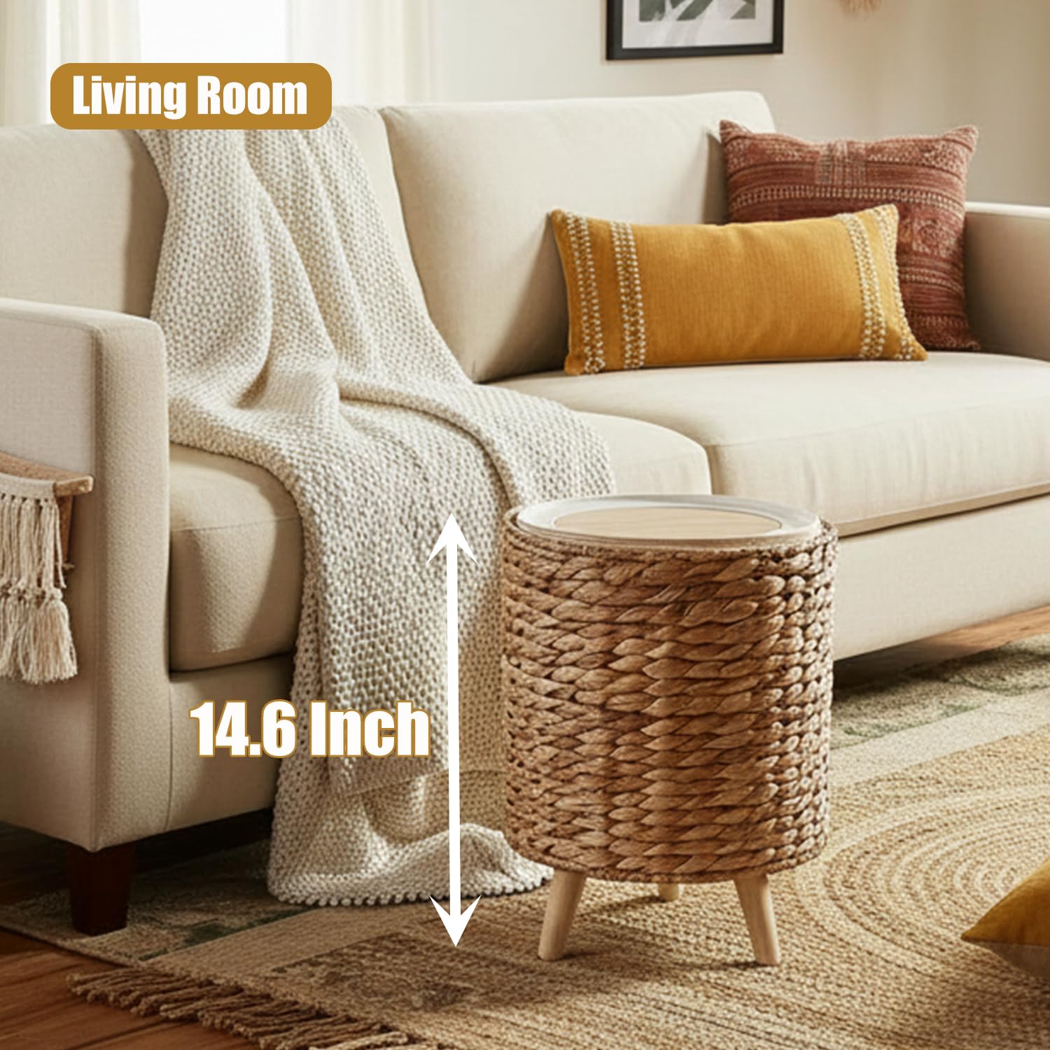 Yatmung 2.3 Gallon Wicker Trash Can - Boho Bathroom Trash Can with Lid - Natural Water Hyacinth Waste Basket for Bedroom, Living Room, Office - Removable Liner - Rattan Garbage Can with Wooden Leg